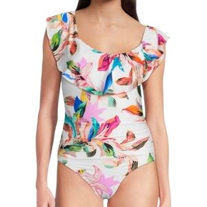 La Blanca One Piece Swimsuit NWT Paradise Leaf Floral Print Ruffle Women Size 12